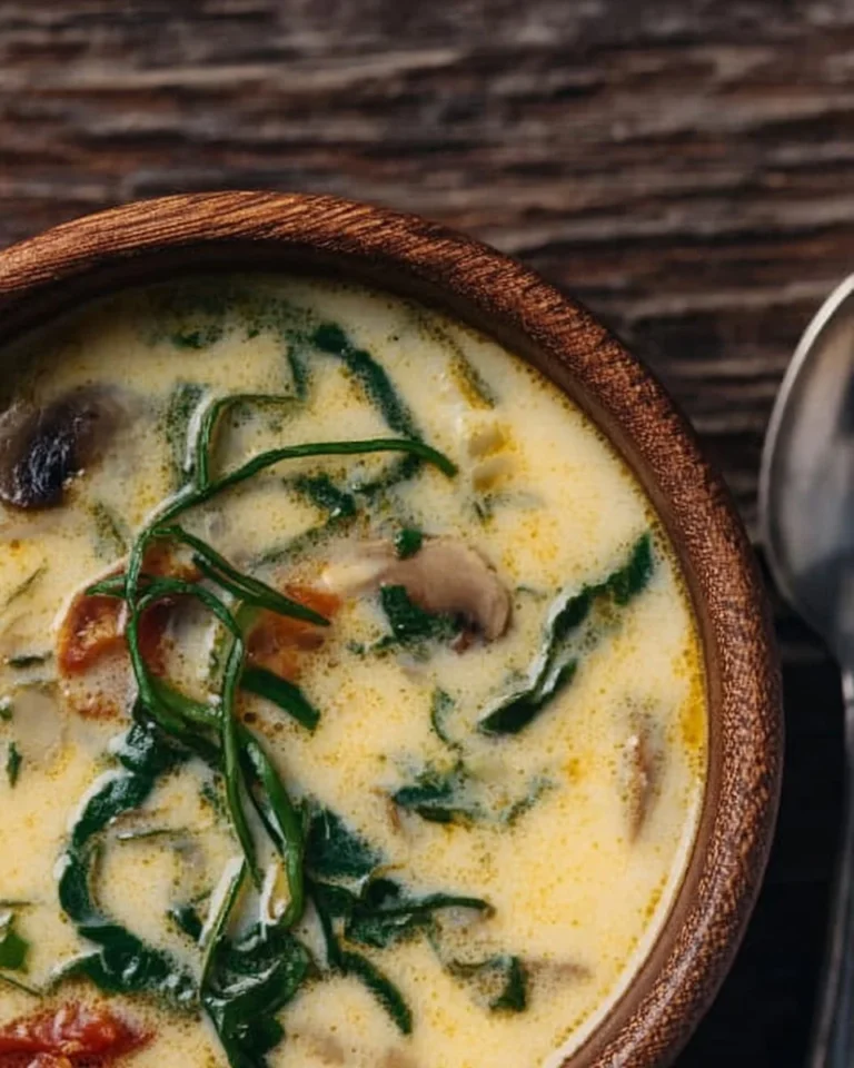 A bowl of low calorie high protein soup garnished with herbs and vegetables