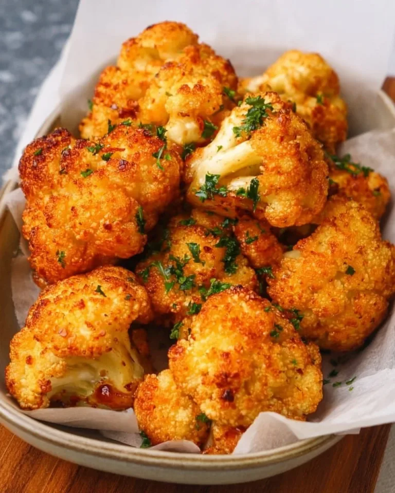 Crispy air fryer cauliflower coated in seasonings.