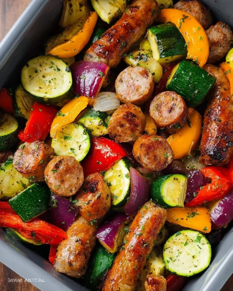 Air Fryer chicken sausage with mixed veggies served in a bowl