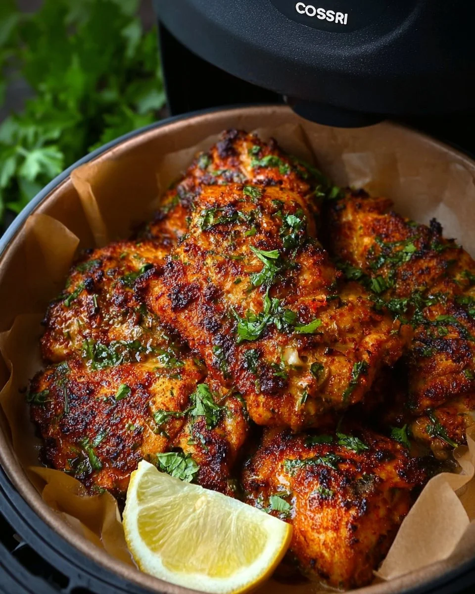 Juicy air fryer garlic butter chicken garnished with herbs