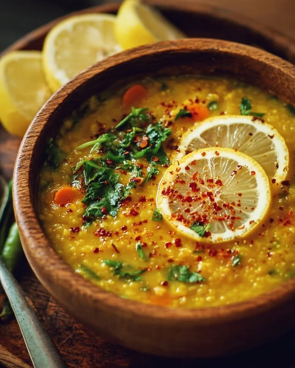 Bowl of anti-inflammatory golden lemon lentil soup topped with fresh herbs