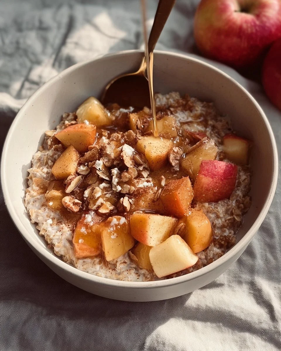Healthy Apple Cinnamon Oatmeal Bowl topped with slices of apple and cinnamon.