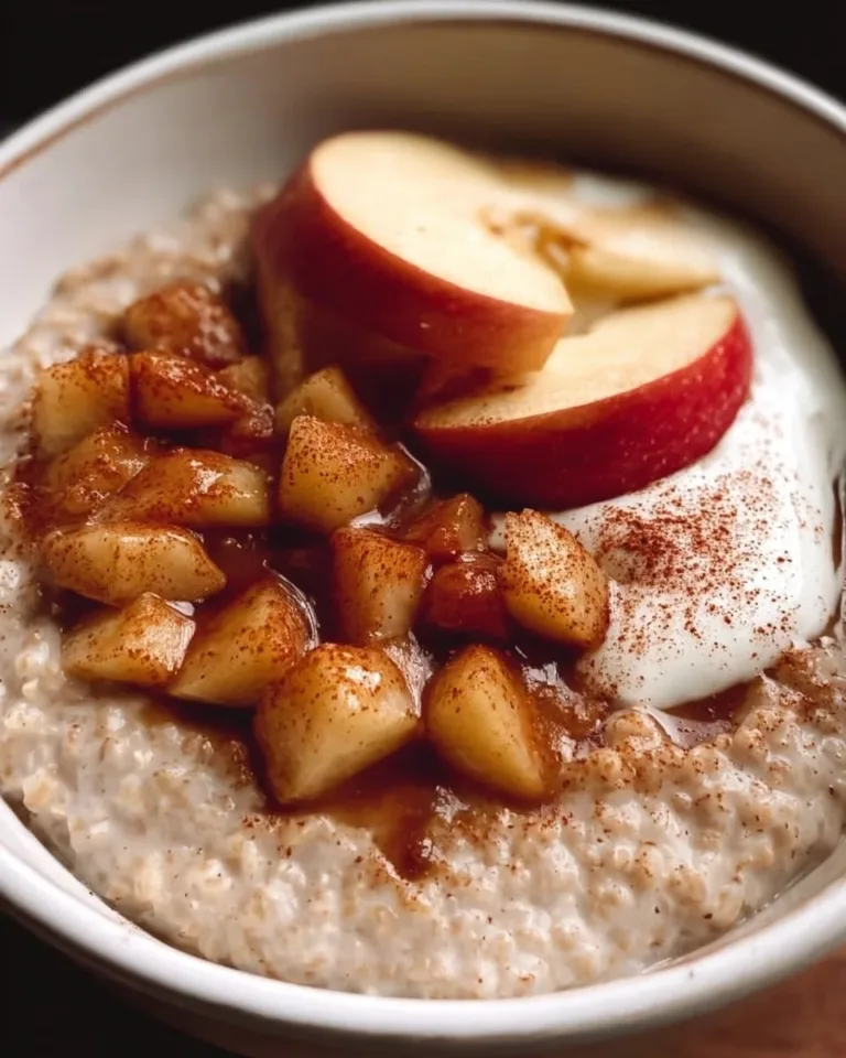 Bowl of apple cinnamon porridge topped with fresh apples and cinnamon sticks