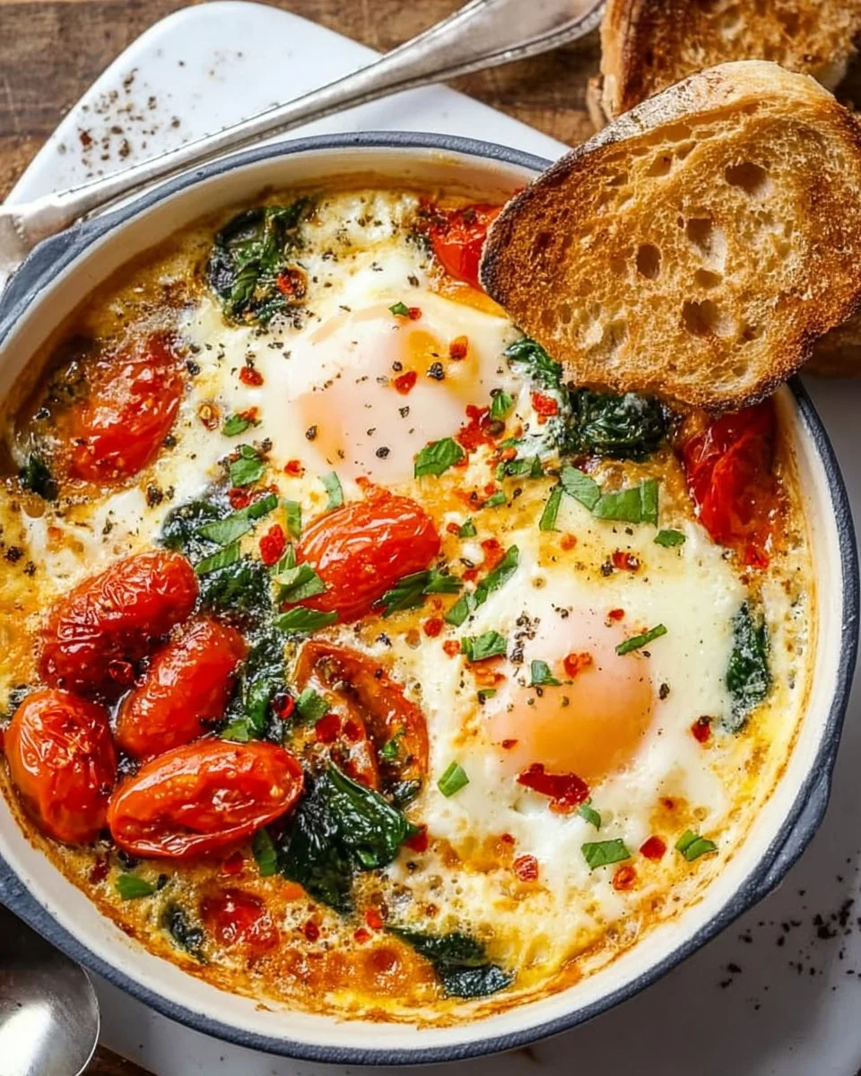 Delicious Baked Feta Eggs with fresh tomatoes and spinach in a baking dish.
