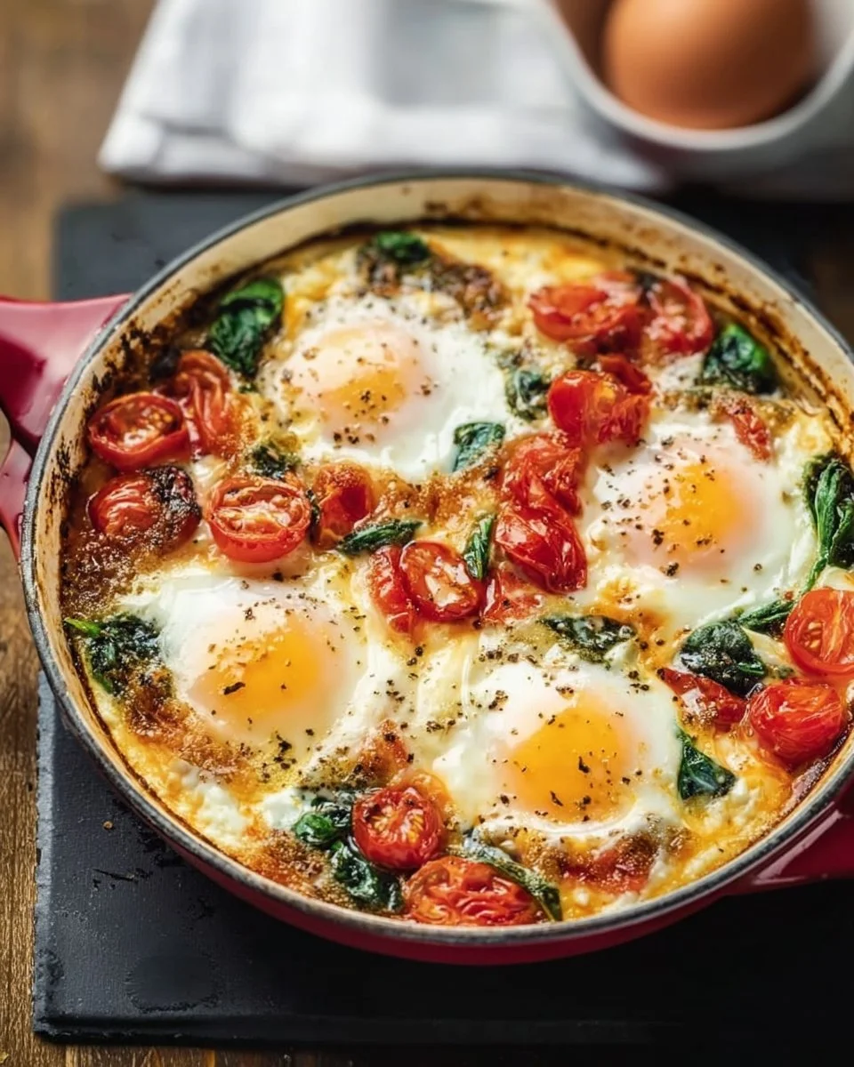 Baked Feta Eggs with Tomatoes and Spinach