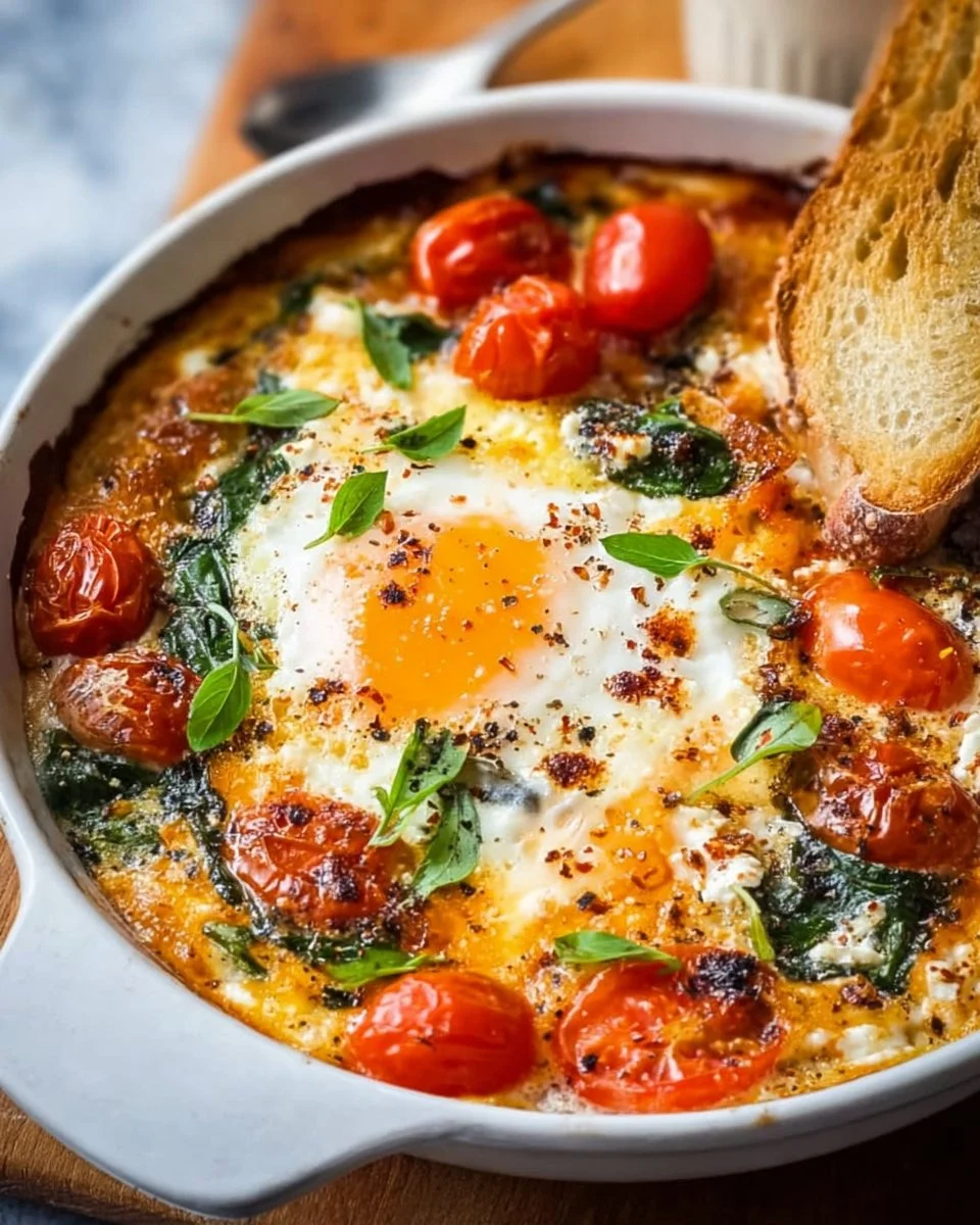 Baked feta eggs with tomatoes and spinach in a skillet, fresh and delicious meal.