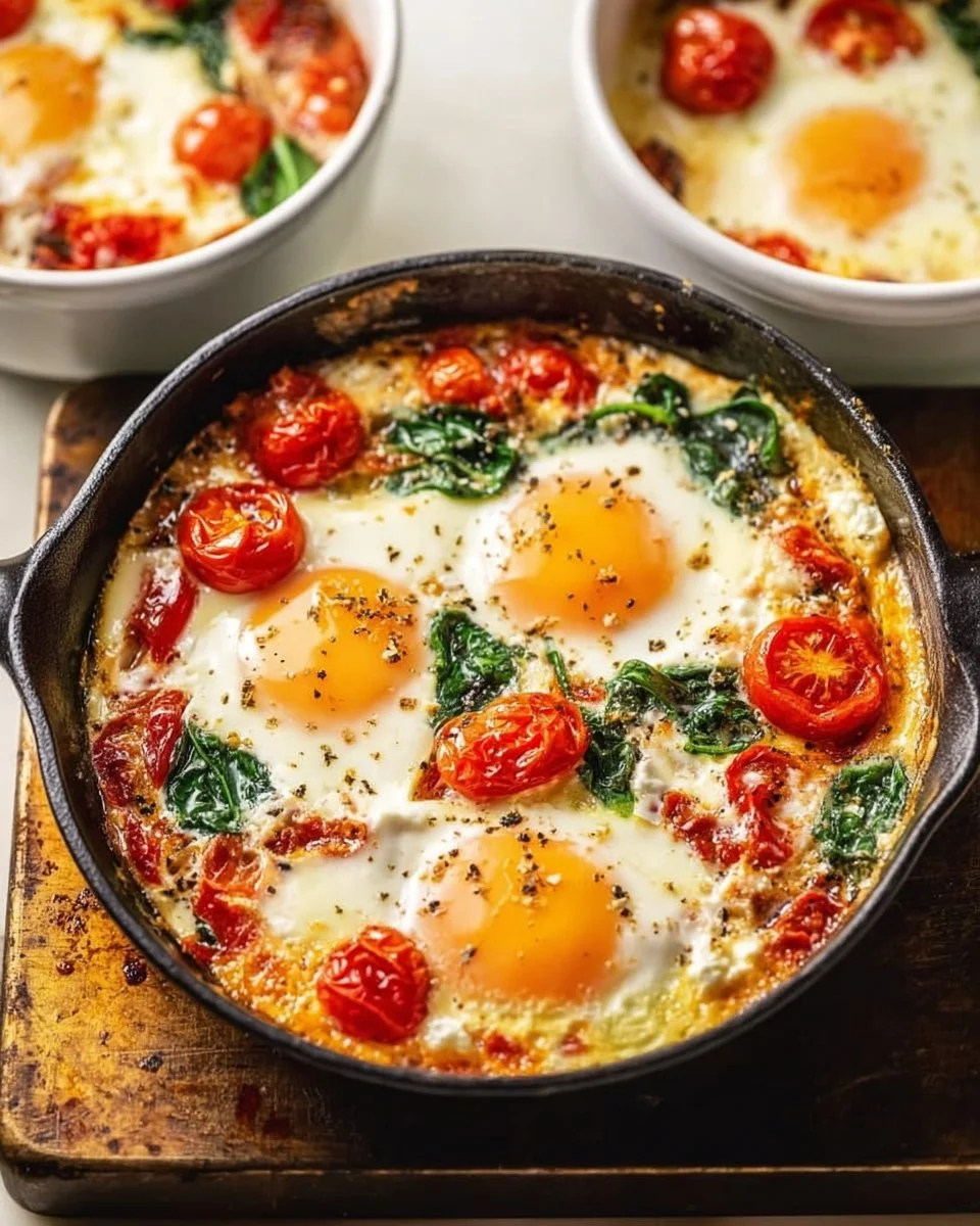 Baked Feta Eggs with Tomatoes and Spinach