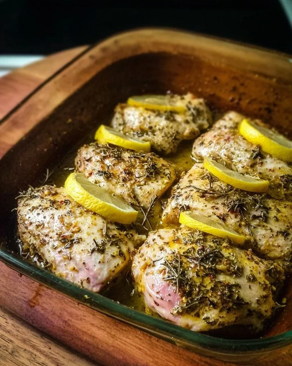Baked Greek Lemon Chicken garnished with herbs and lemon slices