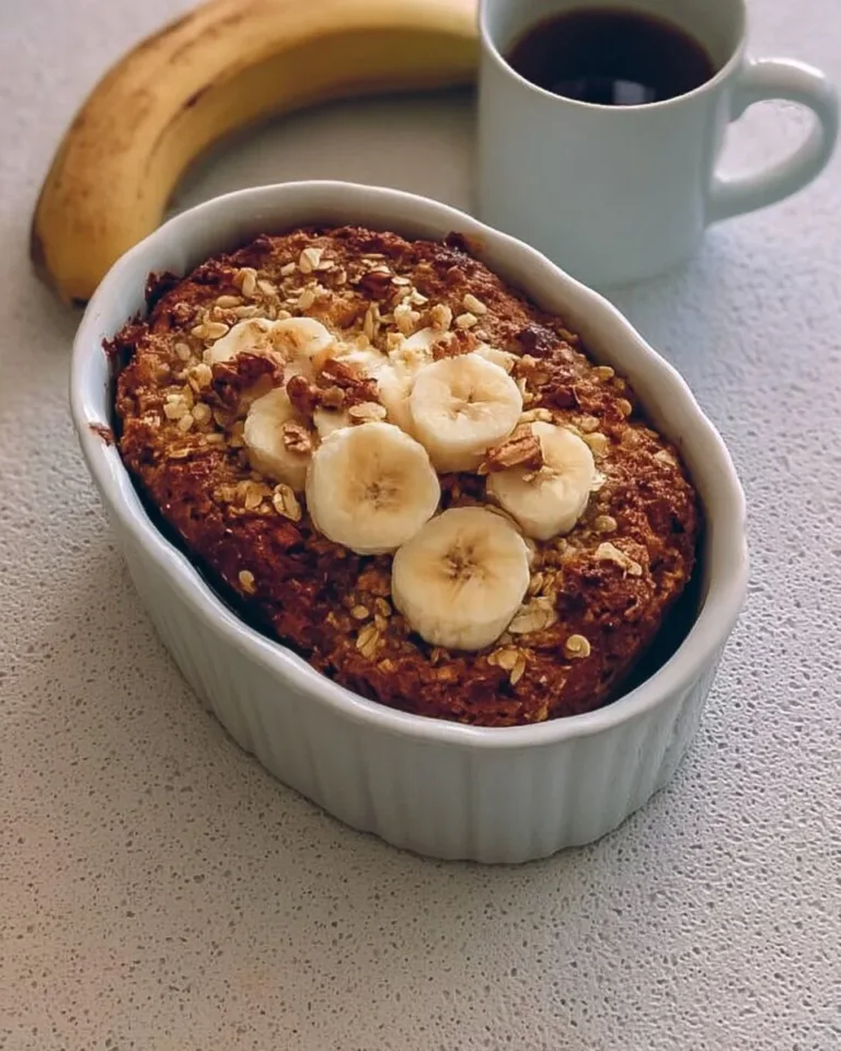 Healthy banana bread baked oats topped with banana slices and nuts