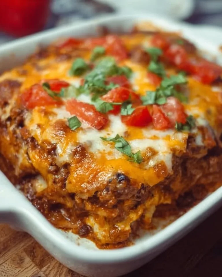 Delicious beef enchilada casserole served hot with toppings