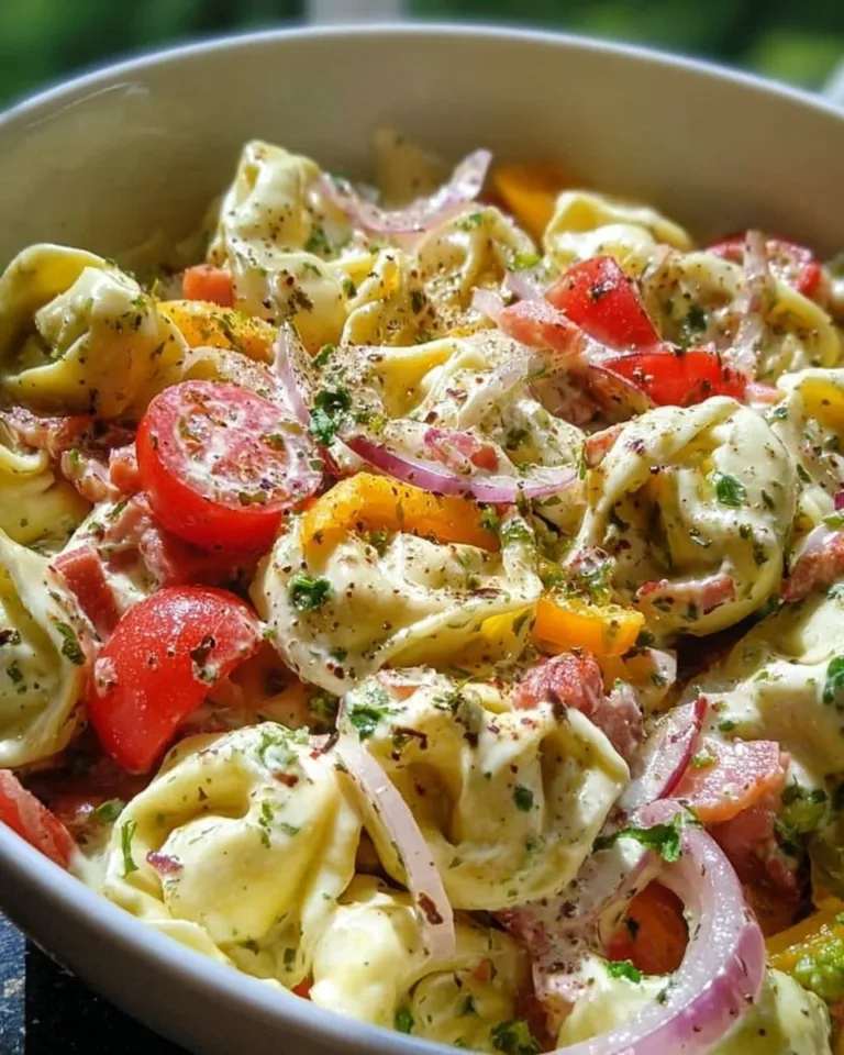 A colorful bowl of Grinder Tortellini Salad with fresh vegetables and dressing.