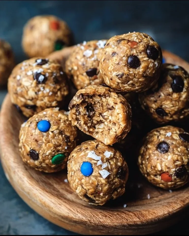 Delicious monster cookie protein balls with oats, peanut butter, and chocolate chips.