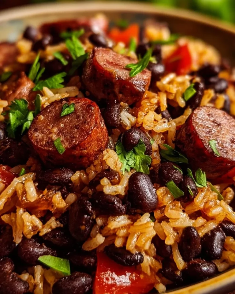Plate of black beans and rice with sausage, garnished for a flavorful meal.