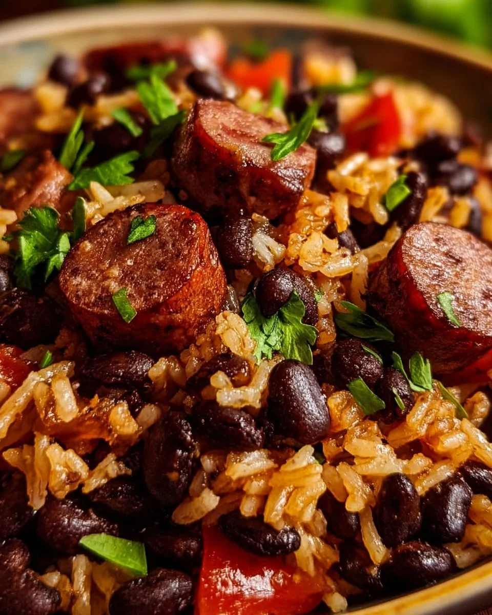 Plate of black beans and rice with sausage, garnished for a flavorful meal.