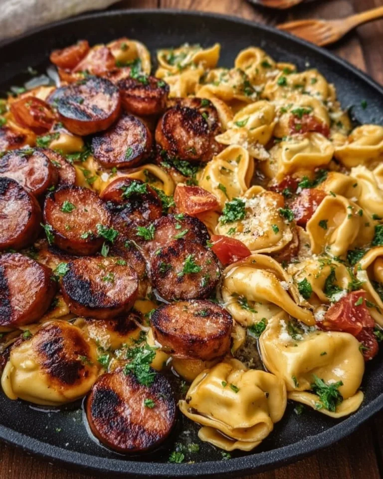Delicious Blackstone grilled kielbasa served with tortellini in a colorful dish.