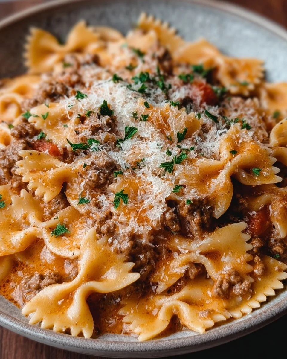 Delicious bowl of bowtie pasta with ground beef served with fresh herbs