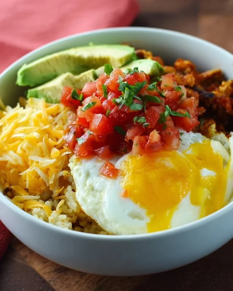 Delicious breakfast burrito bowl with eggs, beans, and fresh toppings