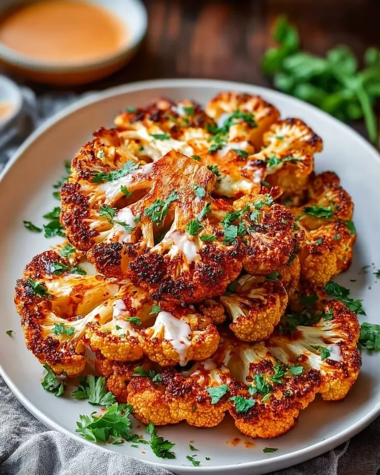 Buffalo Cauliflower Steaks served on a plate with dipping sauce and fresh herbs