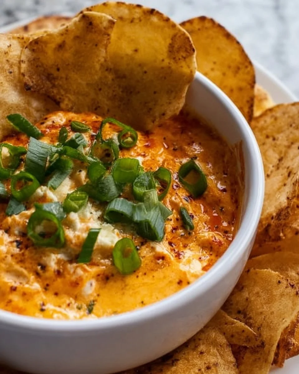 Buffalo cottage cheese dip served in a bowl with veggies and chips
