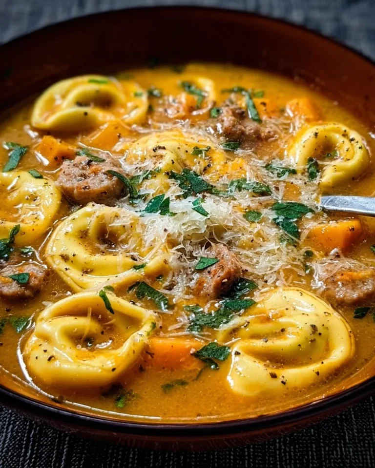Bowl of butternut squash soup with sausage and tortellini garnished with herbs