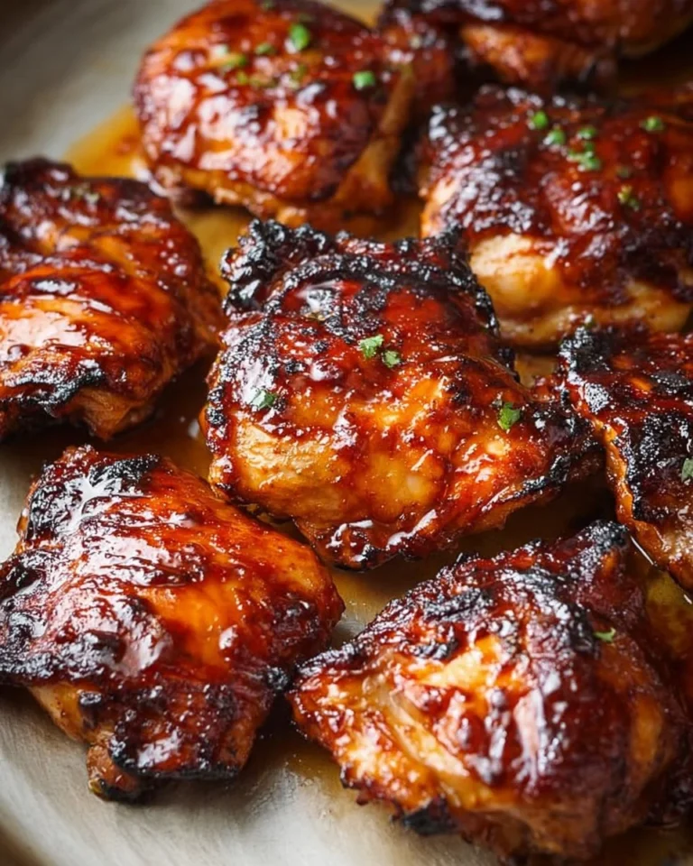 Caramelized BBQ chicken thighs baked in the oven, garnished for serving.