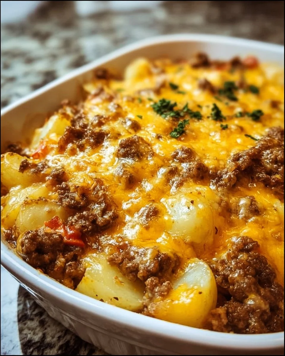 Cheesy ground beef and potato casserole dish garnished and ready to serve