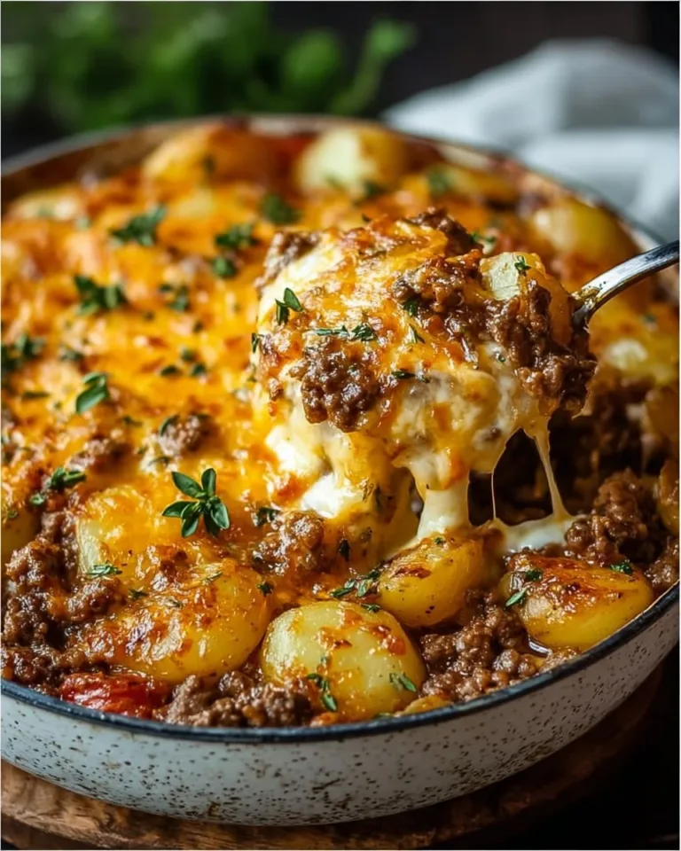 Cheesy ground beef and potato casserole recipe served in a dish