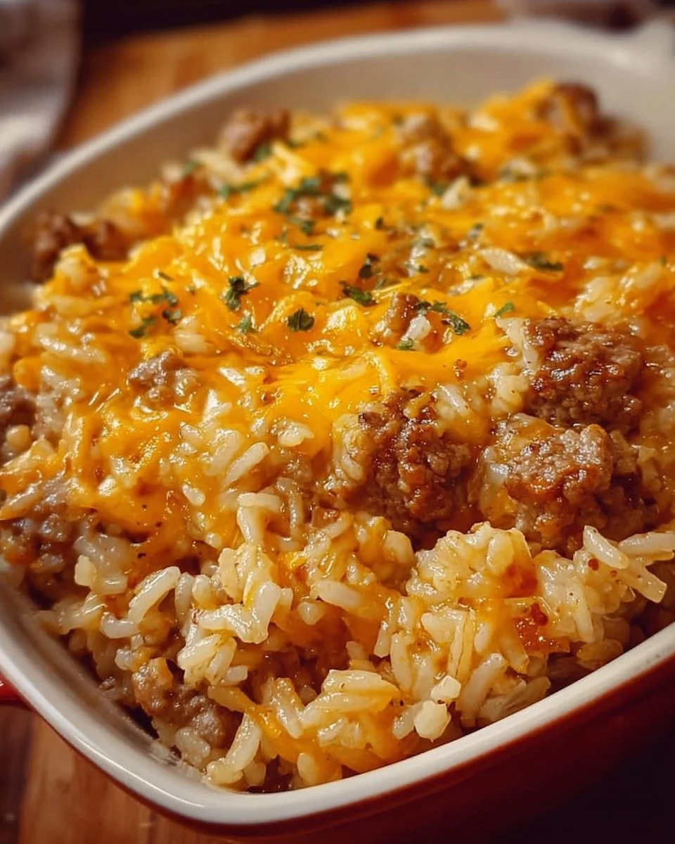 Cheesy Hamburger Rice Casserole dish topped with melted cheese and herbs.