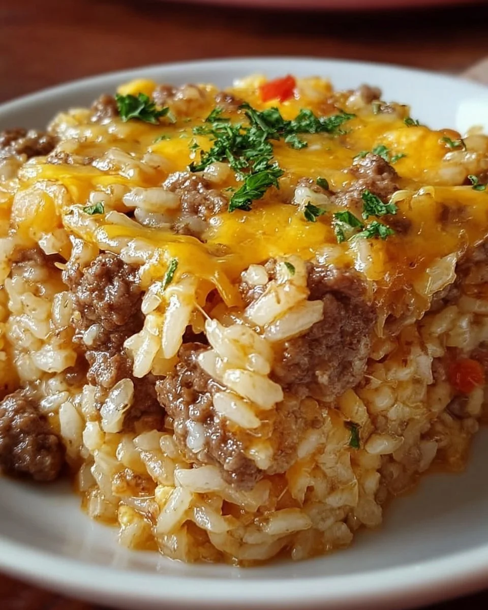 Cheesy Hamburger Rice Casserole served in a baking dish