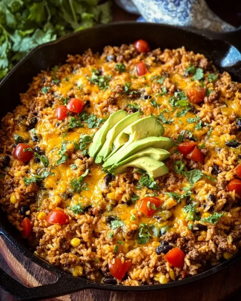 Cheesy taco rice skillet topped with cheese and fresh herbs