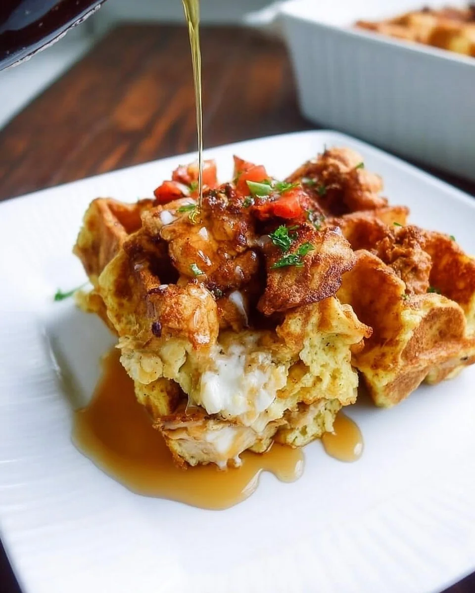 Delicious Chicken Waffle Casserole served with syrup and garnished with herbs