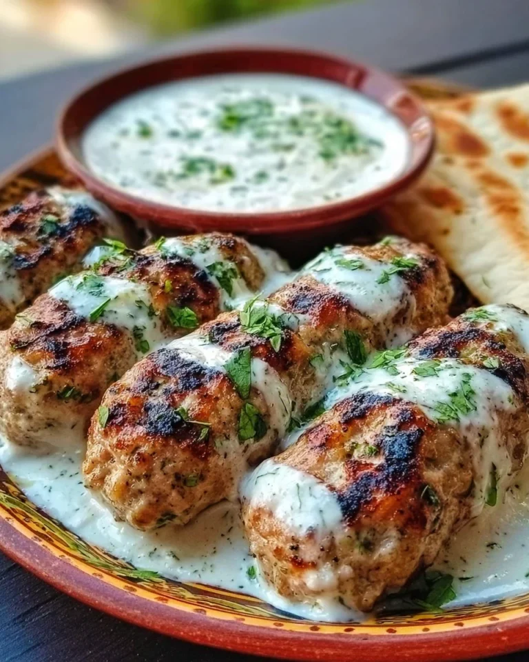 Delicious Chicken Kofta with creamy garlic yogurt sauce served on a plate.