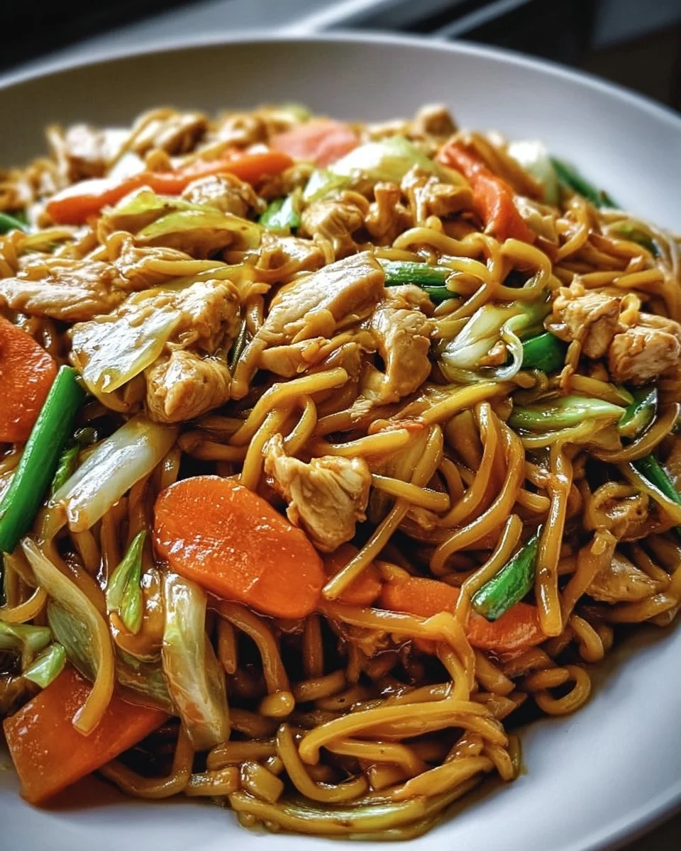 Homemade Chicken Lo Mein with vegetables and noodles