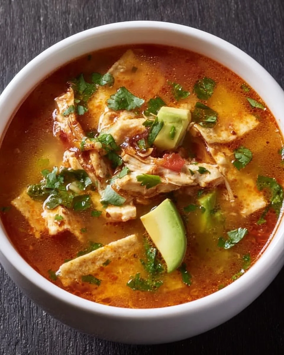 Bowl of delicious chicken tortilla soup topped with tortilla strips and fresh cilantro