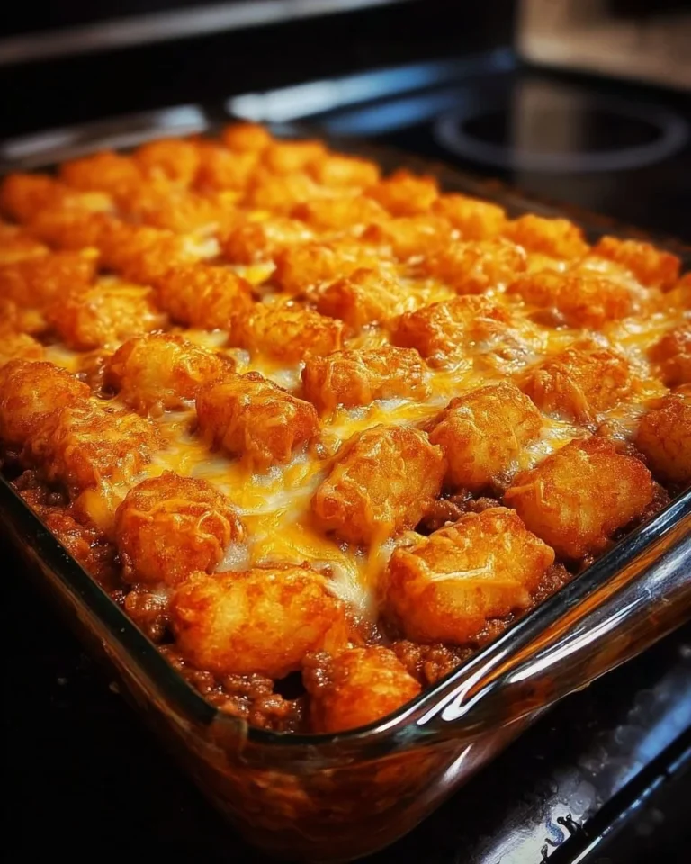 Delicious Chili Cheese Tater Tot Casserole topped with melted cheese and chili