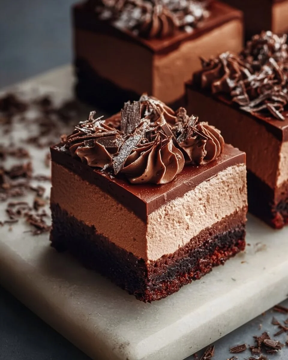 Delicious chocolate mousse brownies topped with creamy chocolate ganache
