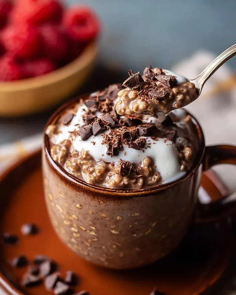 Delicious chocolate overnight oats topped with yogurt and chocolate chips
