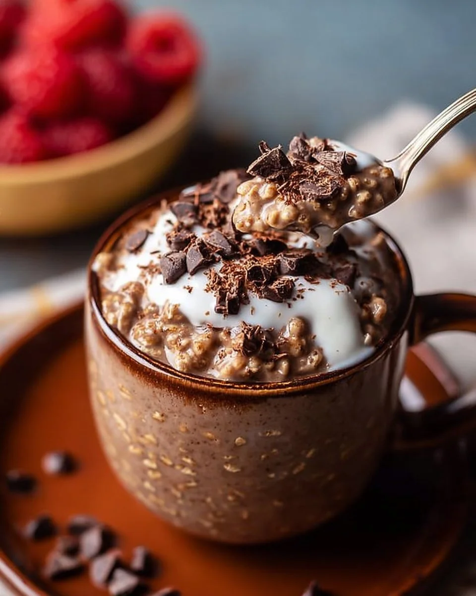 Delicious chocolate overnight oats topped with yogurt and chocolate chips