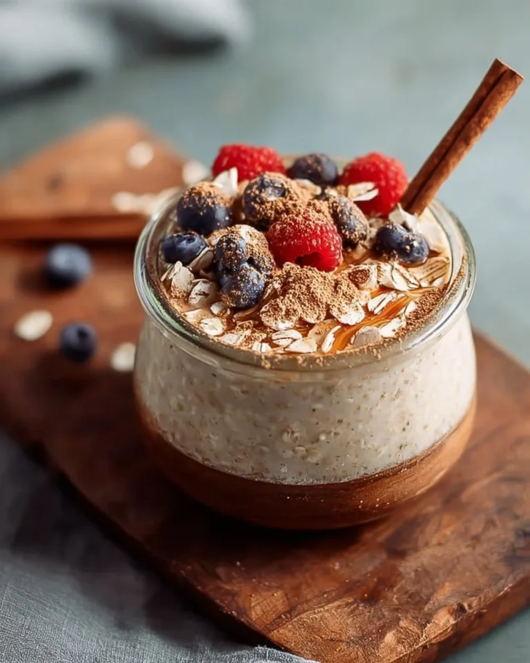 Bowl of cinnamon overnight oats with protein powder topped with fruits and nuts