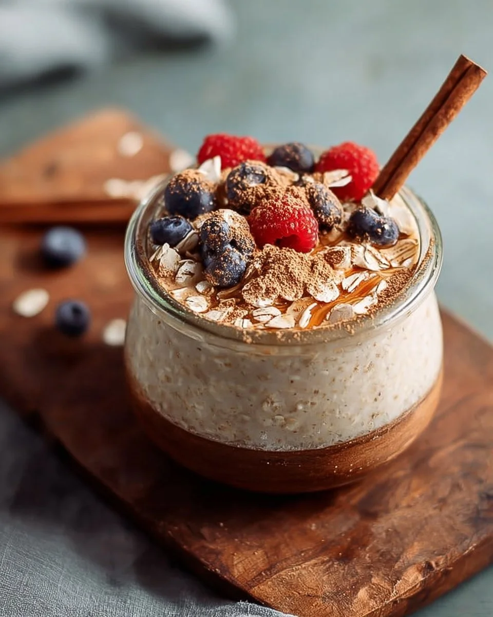 Bowl of cinnamon overnight oats with protein powder topped with fruits and nuts