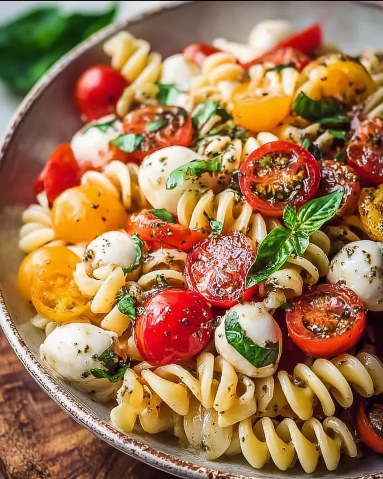 Colorful Caprese Pasta Salad with fresh tomatoes, mozzarella, and basil