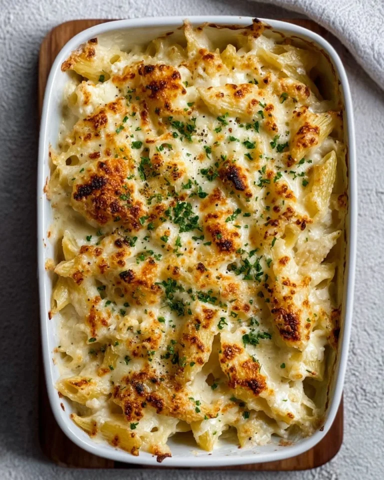 Cottage Cheese Alfredo Pasta Bake with creamy sauce and pasta