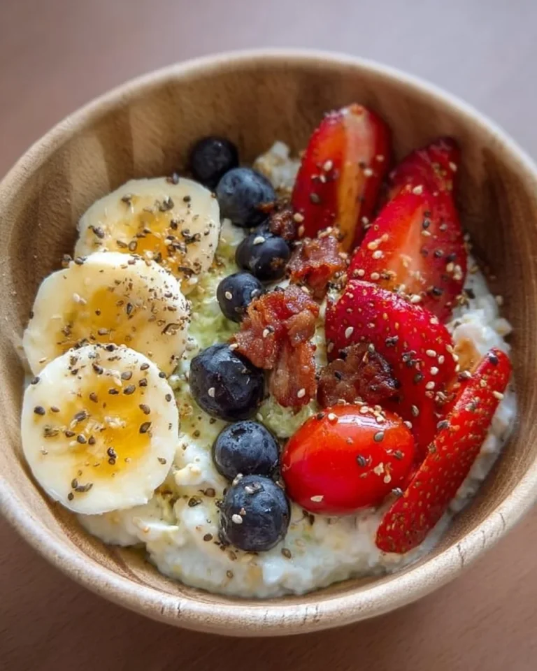 Cottage cheese breakfast bowl topped with fruits and nuts for a healthy meal