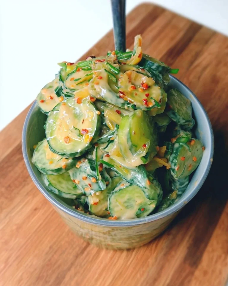 Delicious creamy Asian cucumber salad with fresh ingredients and dressing