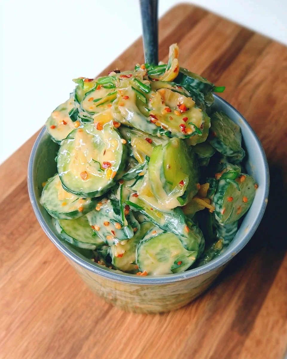Delicious creamy Asian cucumber salad with fresh ingredients and dressing