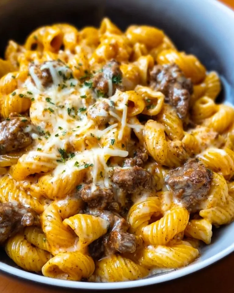 Creamy beef and cheese pasta served in a bowl, garnished with herbs.