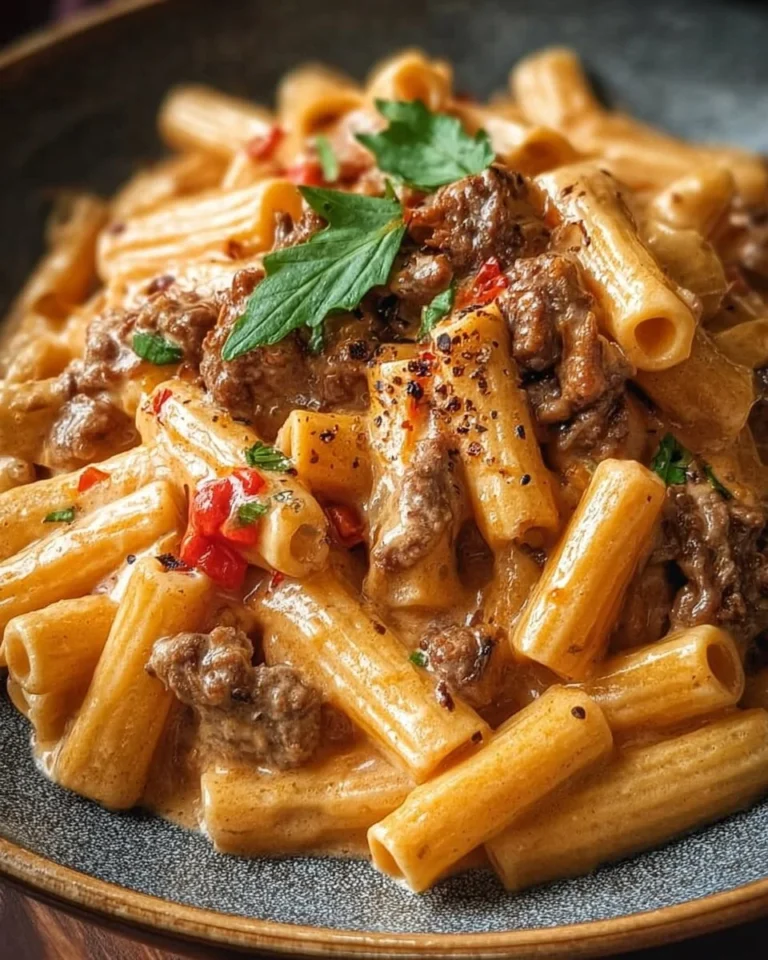 Creamy beef pasta dish with fresh herbs and parmesan cheese