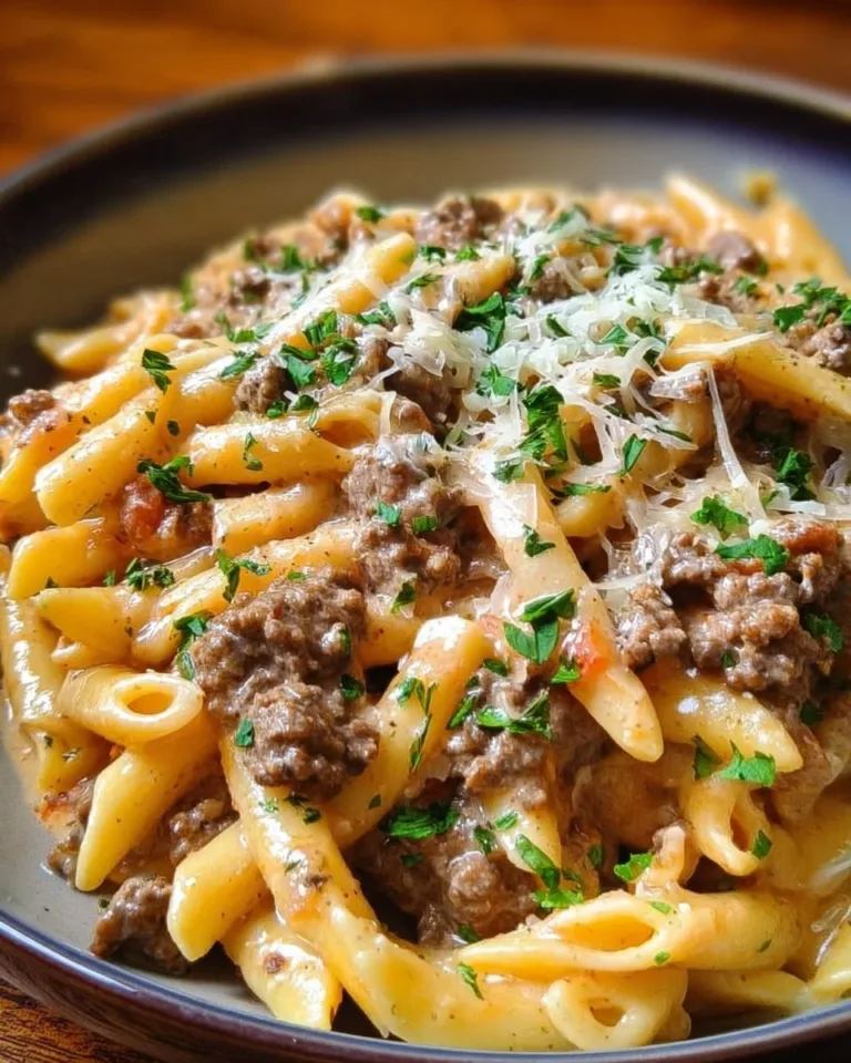 Delicious creamy beef pasta dish served with herbs and cheese.