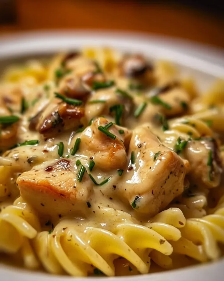 Creamy Chicken Rotini pasta dish with chicken and creamy sauce