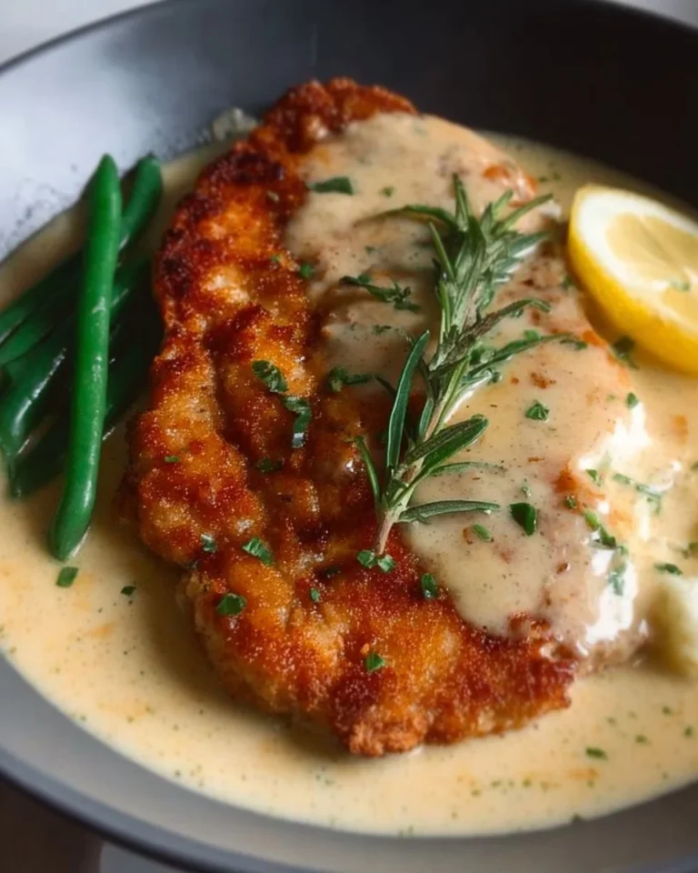 Creamy Chicken Schnitzel served on a plate with fresh herbs and a side salad.
